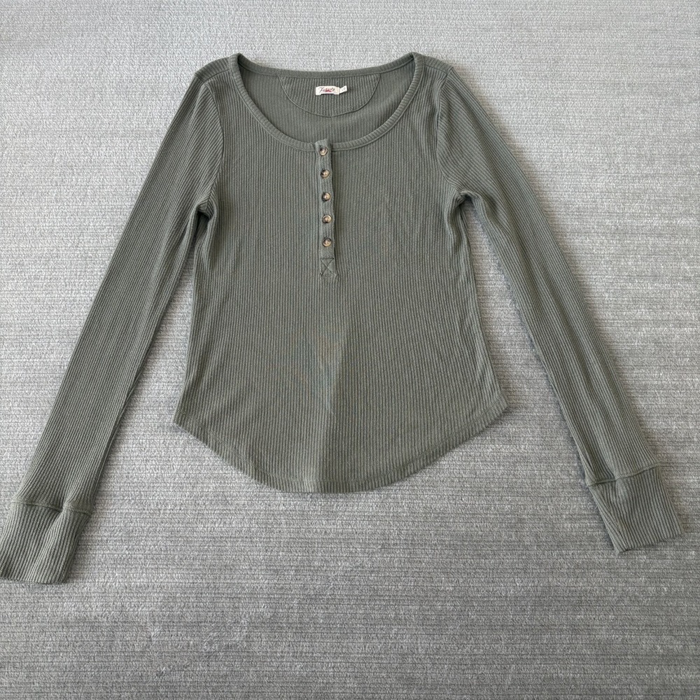 Faherty Top Scoop Neck Henley Green‎ RIbbed Knit Long Sleeve Casual Women L